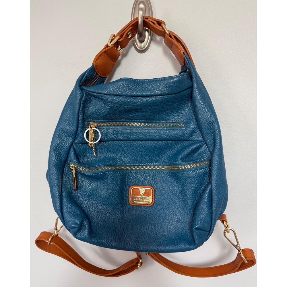 Valentina Convertible Italian Pebbled Leather Bag Backpack In‎ Ocean Blue